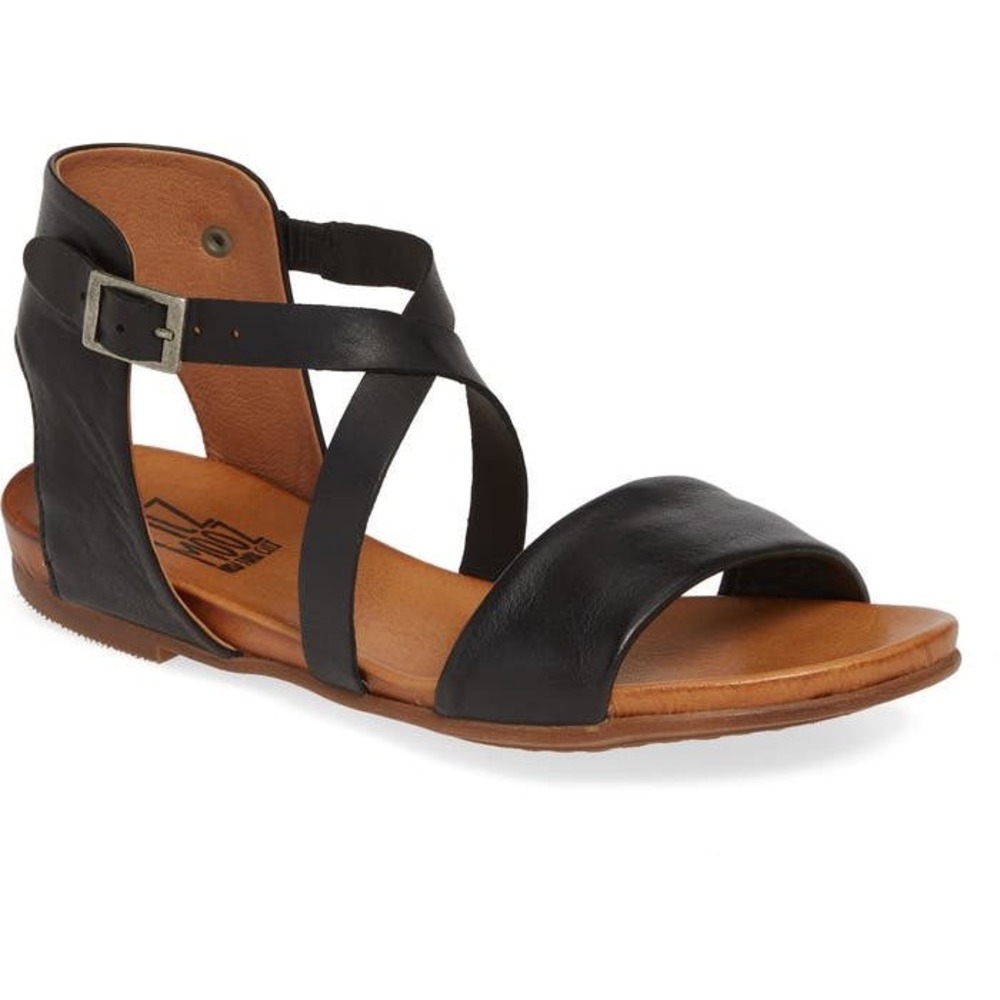 Miz Mooz Aster Sandals Women 8 Black Leather Flat Strappy Ankle Buckle Comfort - Picture 2 of 12